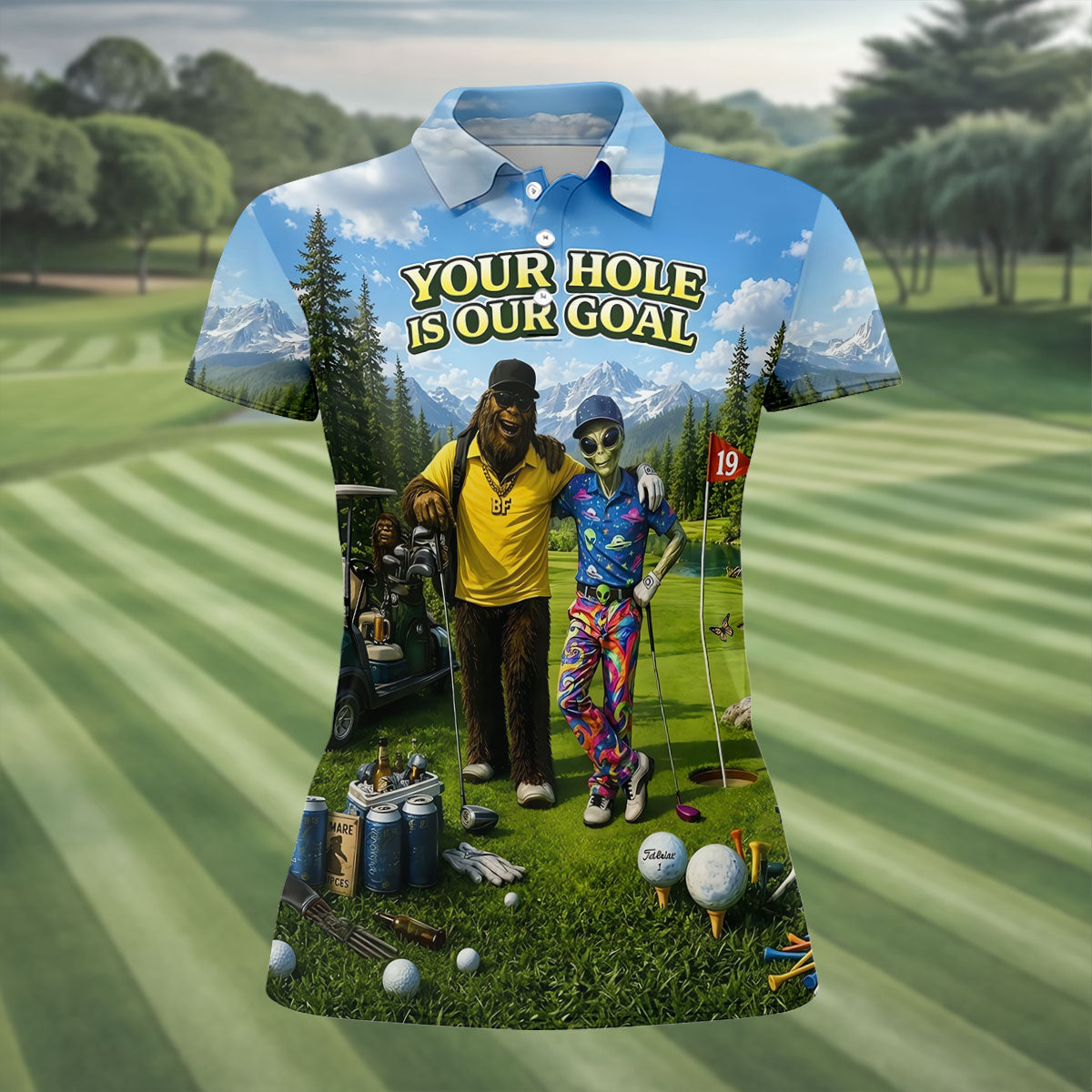 Your Hole Is Our Goal Funny Bigfoot Alien Golf Polo Shirt, Ladies Golf Top, Golf Shirt