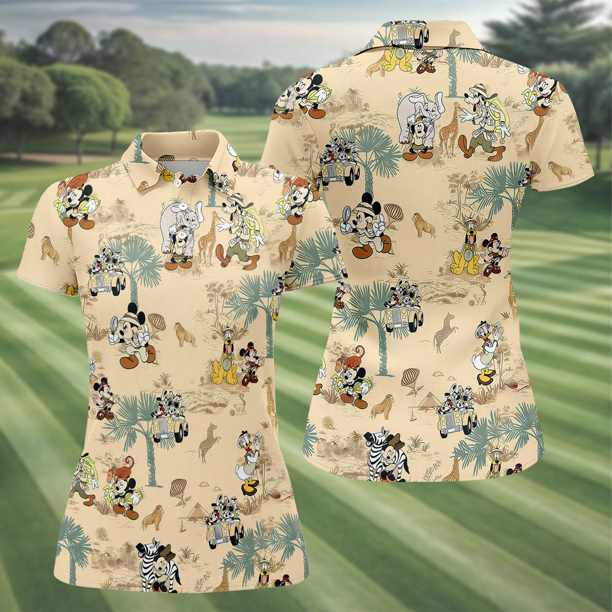 Safari Adventure Cartoon Pattern Golf Polo Shirt, Golf Shirts For Women, Women’s Golf Polo