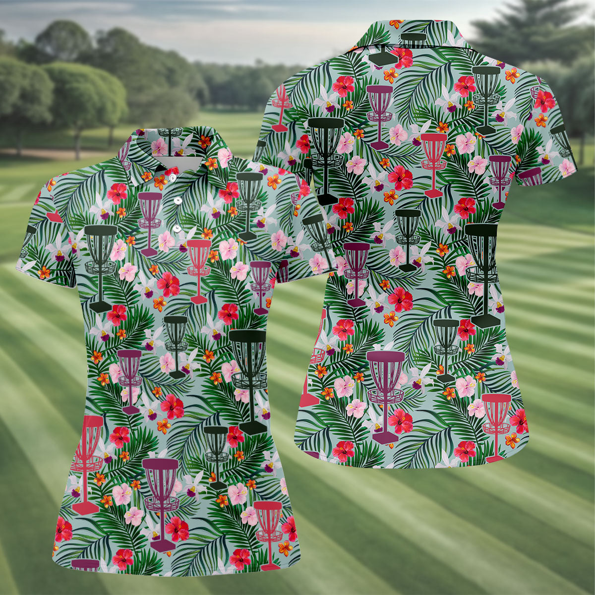 Tropical Disc Golf Basket Floral Polo Shirt, Golf Shirts For Women, Women’s Golf Polo