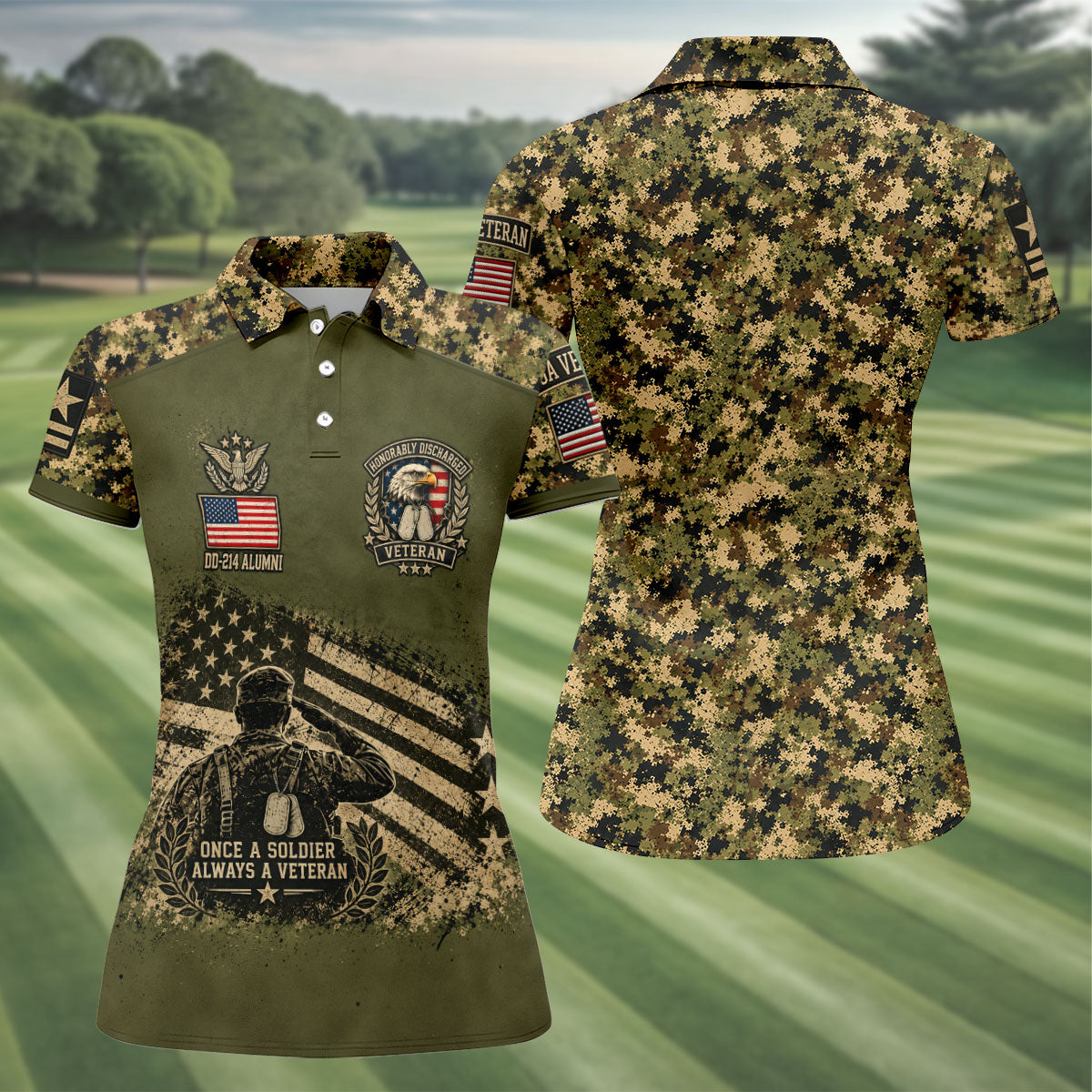 DD-214 Soldier Flag Camo Golf Polo Shirt, Women Golf Shirts, Veterans Day Golf Shirt