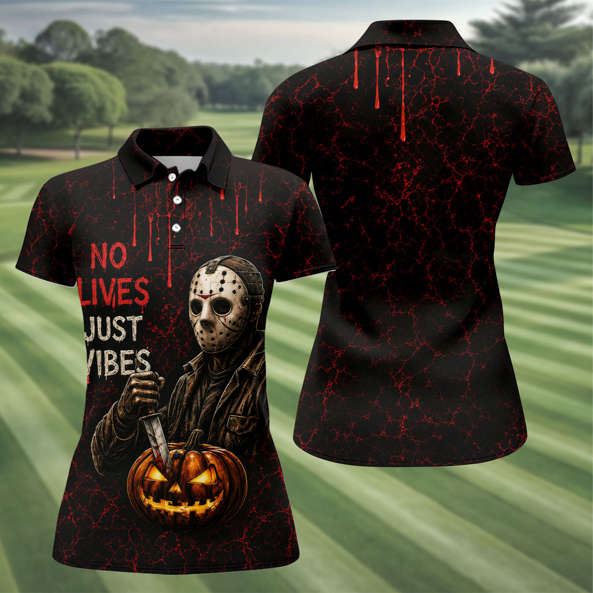 No Lives Just Vibes Halloween Horror Character Shirt, Golf Shirts For Women, Printed Golf Shirt