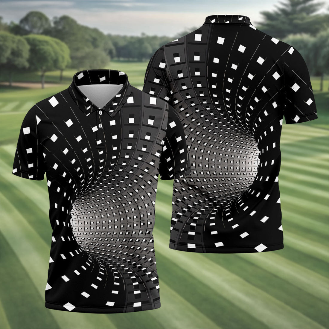 3D Vortex Golf Shirt, Black White Optical Illusion Tunnel Pattern, Golf Shirt For Men