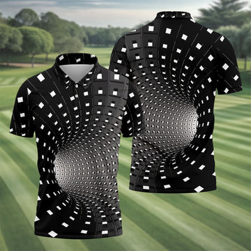 3D Vortex Golf Shirt, Black White Optical Illusion Tunnel Pattern, Golf Shirt For Men