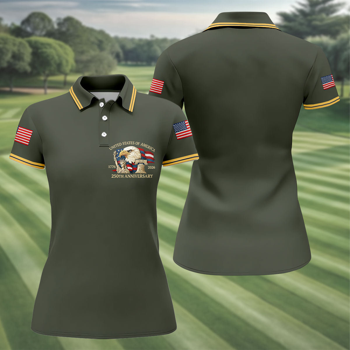 Bald Eagle American Flag 250 Years Green Golf Shirt, Patriotic 4th Of July Golf Shirt For Women