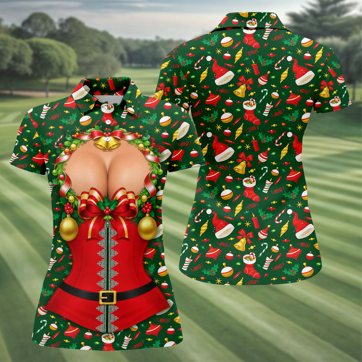 Festive Christmas Corset Bow Golf Polo Shirt, Christmas Golf Shirt, Women’s Golf Apparel