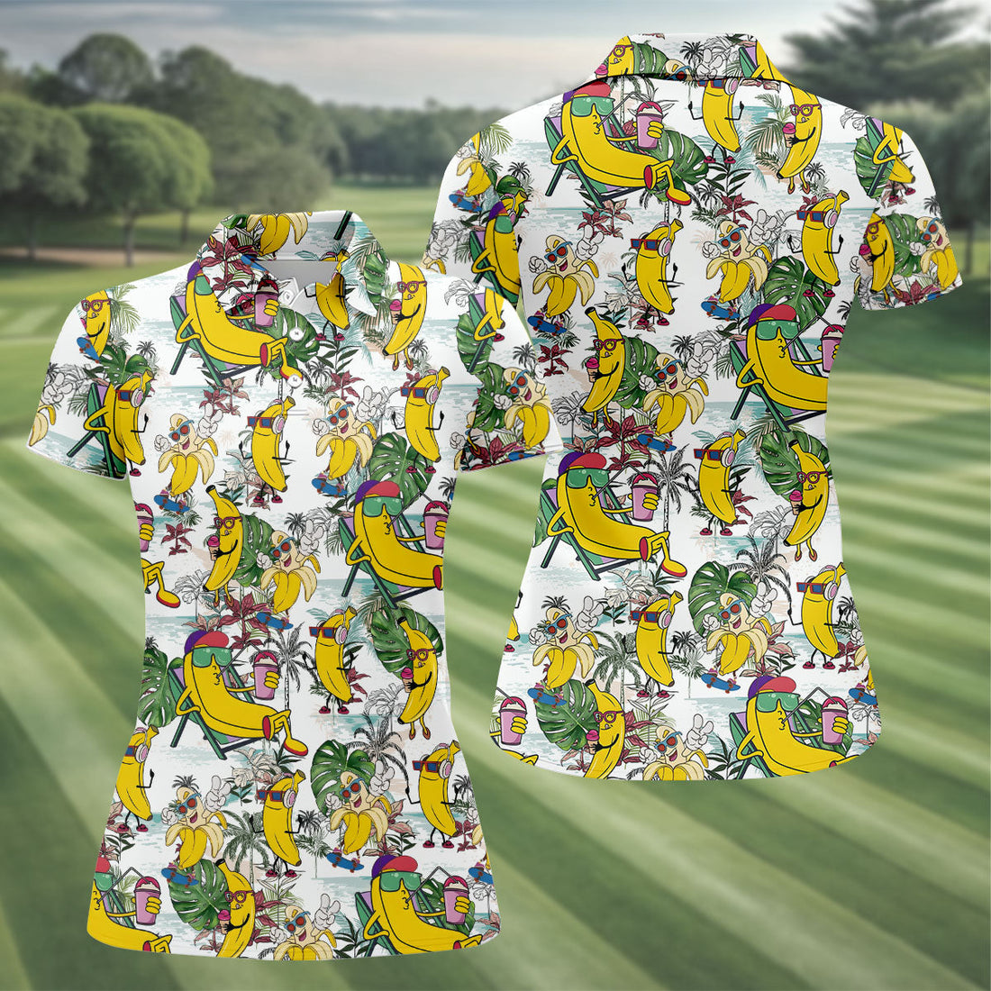 Cartoon Banana Characters on Tropical Island Hawaiian Golf Polo, Golf Tops For Women, Golfing Apparel