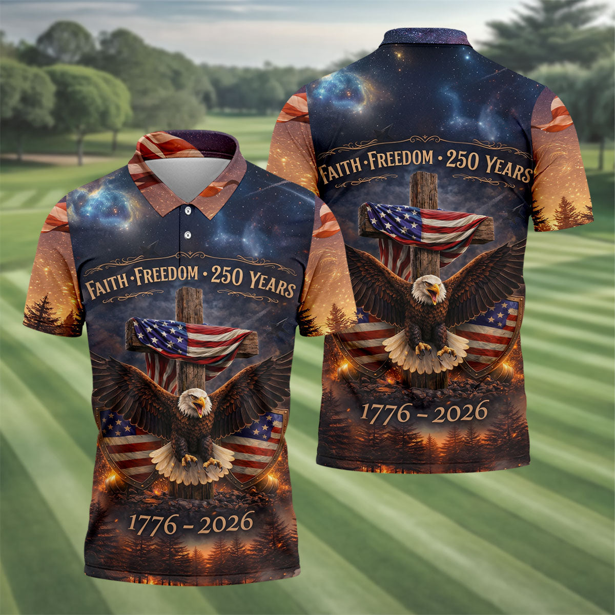 Faith Freedom 250 Years Galaxy Pattern US Flag Golf Shirt, Patriotic 4th Of July Golf Shirts For Men