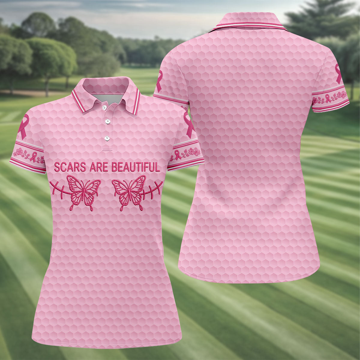 Scars Are Beautiful Butterfly Breast Cancer Golf Polo Shirt, Women’s Golf Tops, Ladies Golf Shirt