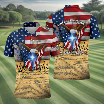 God Bless America 250 Years Of Freedom Faith Cross Patriotic Golf Shirt, 4th Of July Golf Shirts For Men