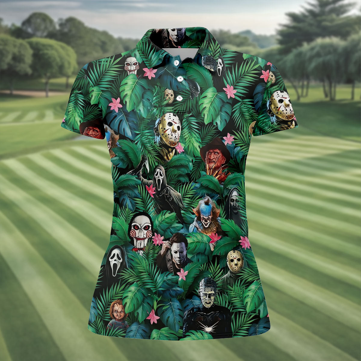 Tropical Horror Character Pattern Golf Polo Shirt, Womens Golf Polo, Ladies Golf Shirts