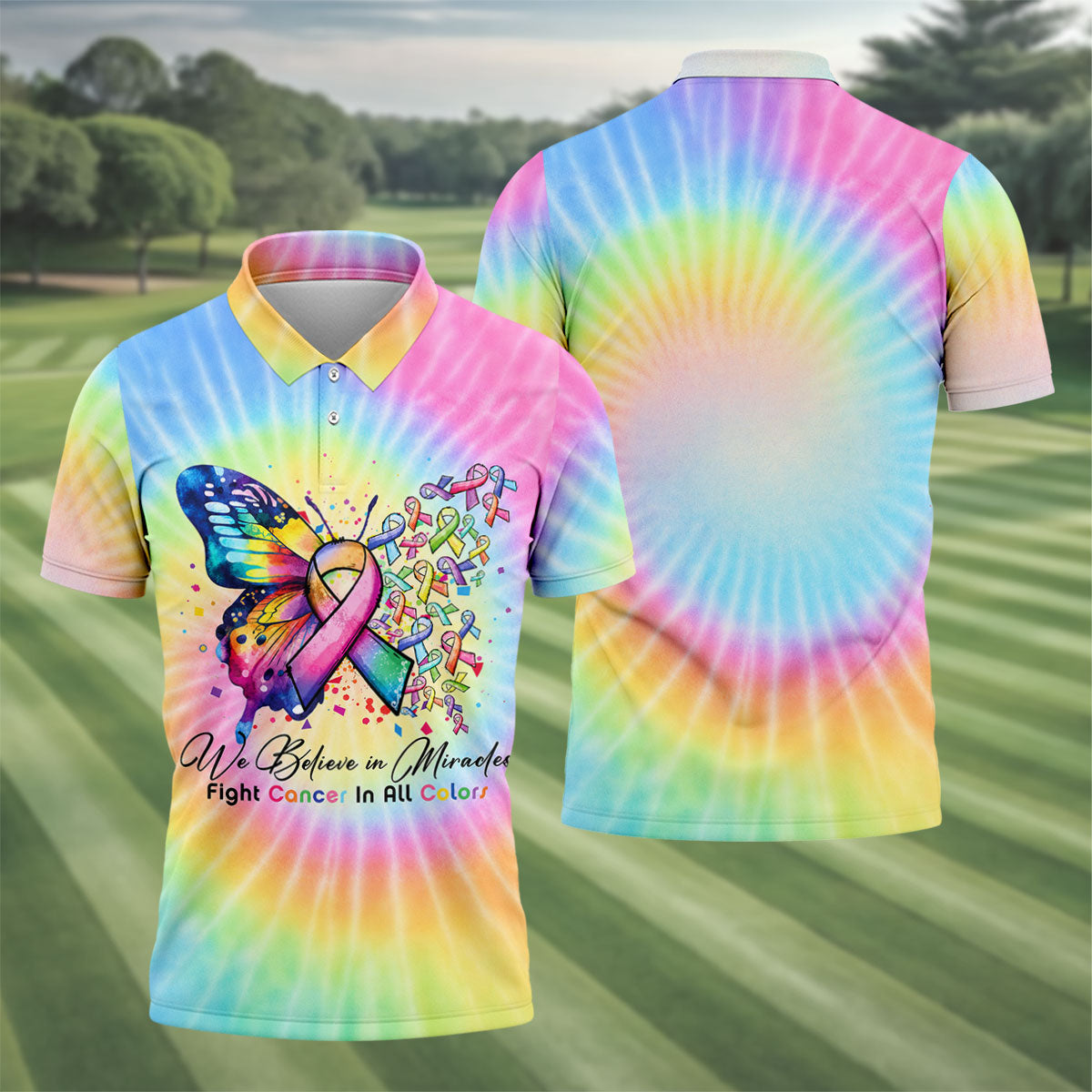 We Believe In Miracles Cancer Ribbon Polo Shirt, Golf Shirts For Men, Mens Golf Apparel