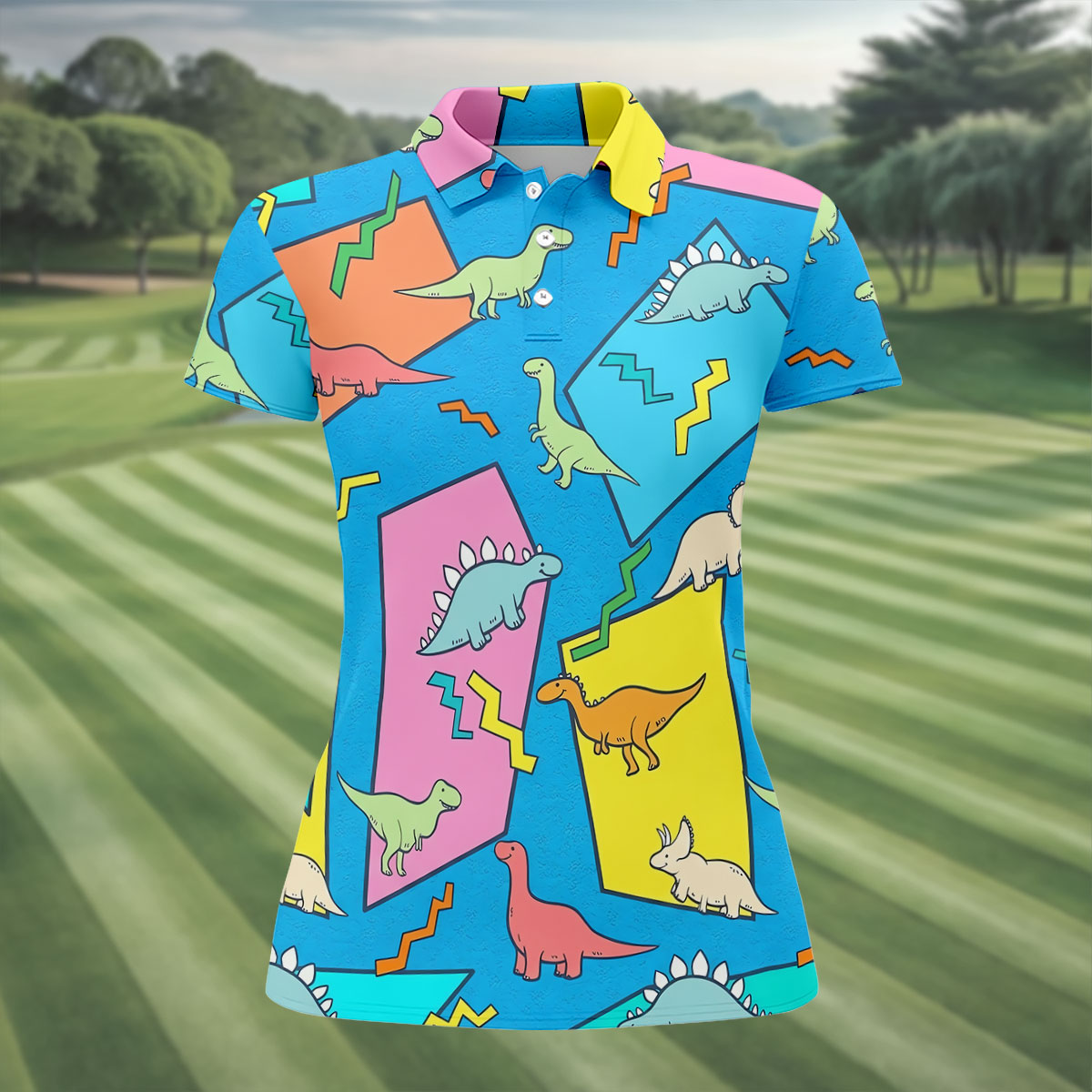 Retro Colorful Dinosaur Pattern Golf Shirt, Women's Golf Tops, Golf Shirts For Women