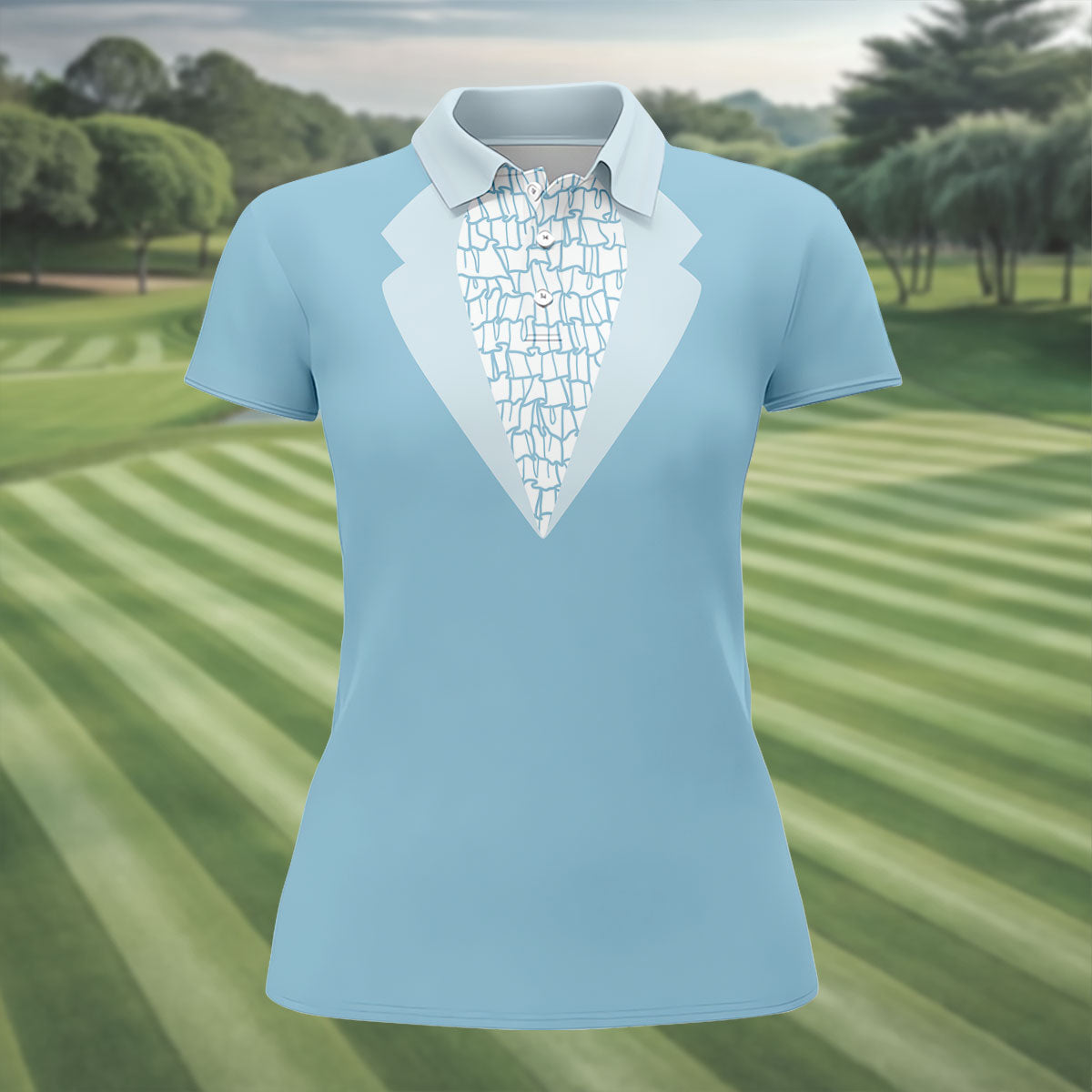Light Blue Tuxedo Fun Women's Golf Shirts, Retro Golf Shirt, Ladies Golf Tops