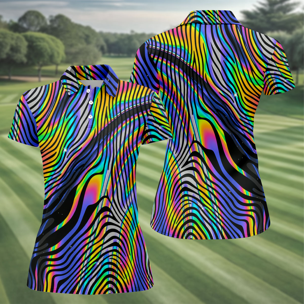 Rainbow Neon LGBT Support Zebra Pattern Ladies Golf Tops, Pride Month Golf Shirt For Women