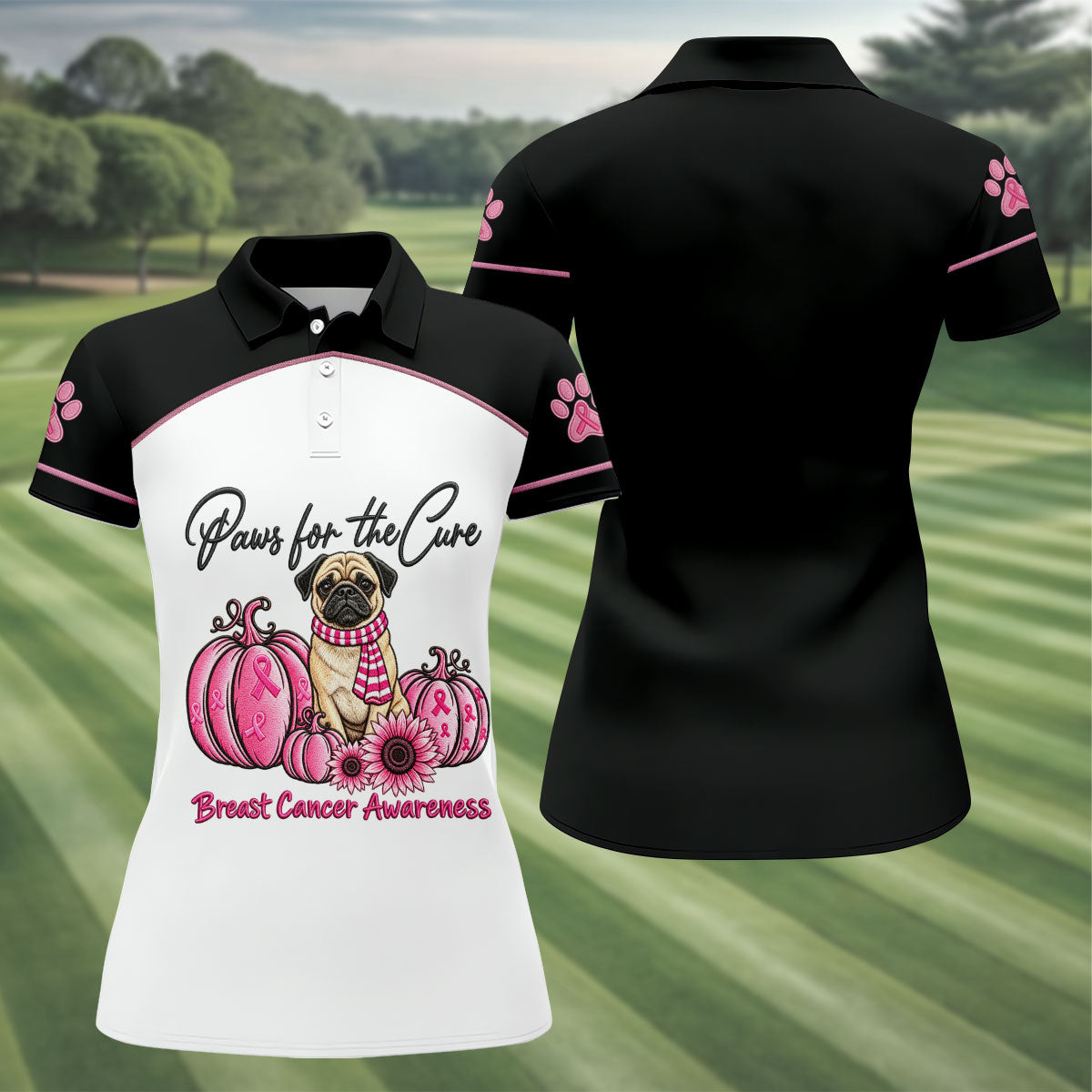 Paws For The Cure Pug Breast Cancer Polo Shirt, Womens Golf Polo, Golf Tops For Women