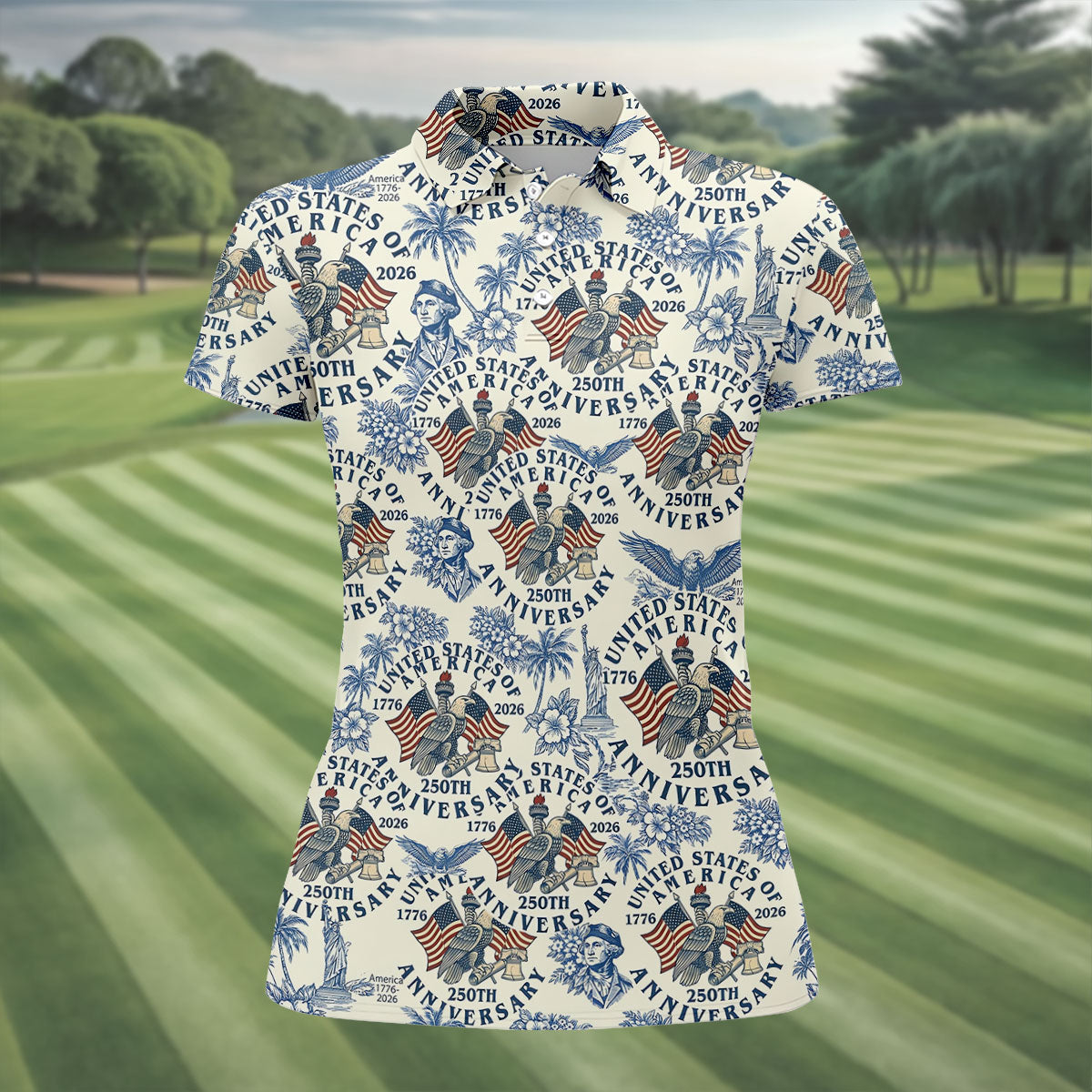 USA 250th Anniversary Toile De Jouy Hawaiian Golf Shirt, Patriotic 4th Of July Golf Shirt For Women