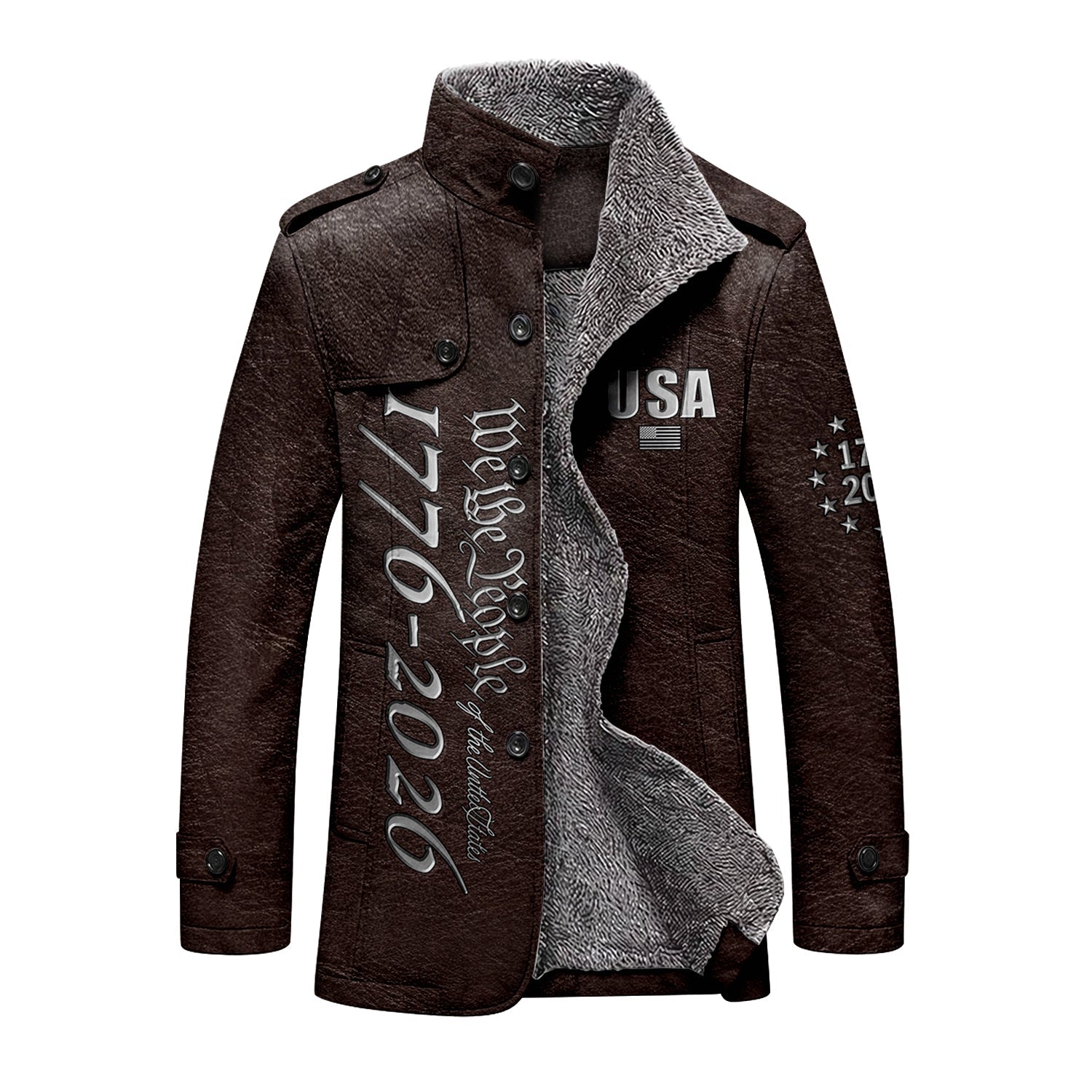 We The People 250 Years Silver Flag Men's Cold Premium Weather Jacket, Leather Trench Coat