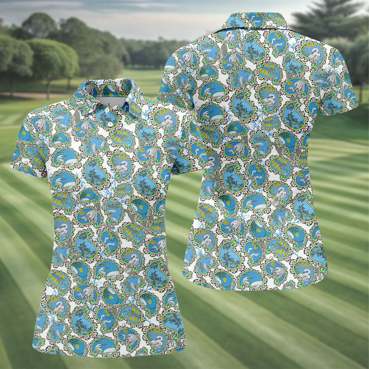 Paisley Flowers Heron Painting Print Golf Shirt, Ladies Golf Shirts, Golf Shirt For Women