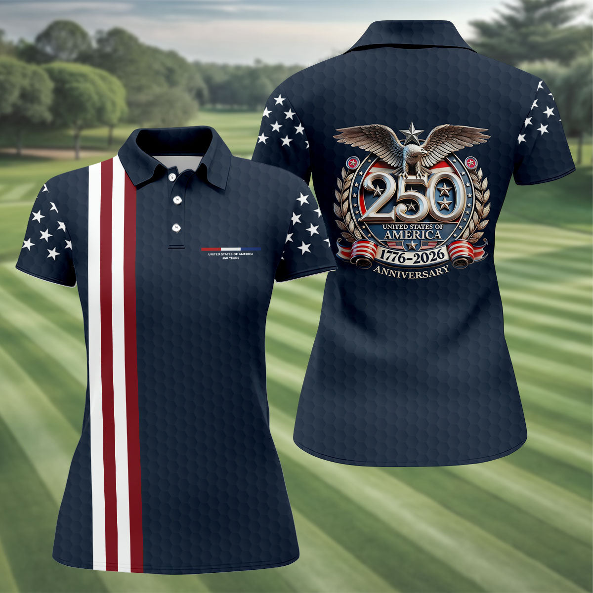 250 Years US Bald Eagle Golf Ball Pattern Golf Shirt, Patriotic 4th Of July Golf Shirt For Women