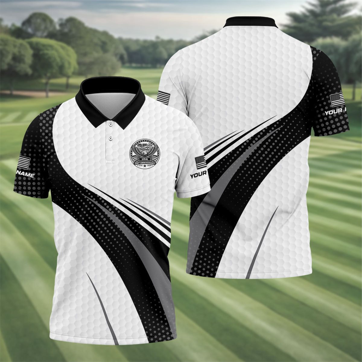 USA 250th Anniversary Black And White Golf Ball Pattern Golf Tops For Men, Patriotic Golf Shirts For Men