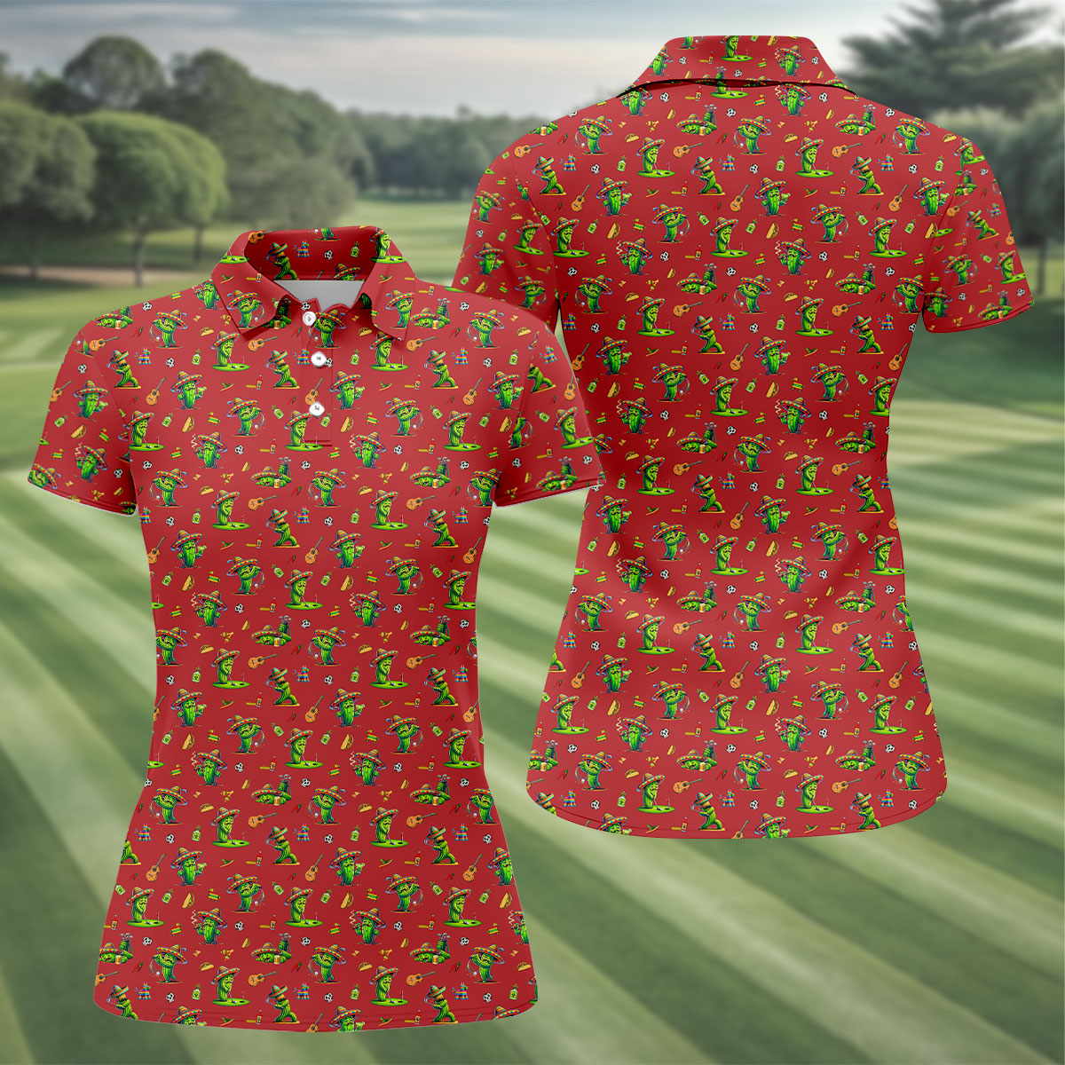 Cartoon Mustach Funny Cactus Cinco De Mayo Celebration Fiesta Themed Red Golf Shirt For Women