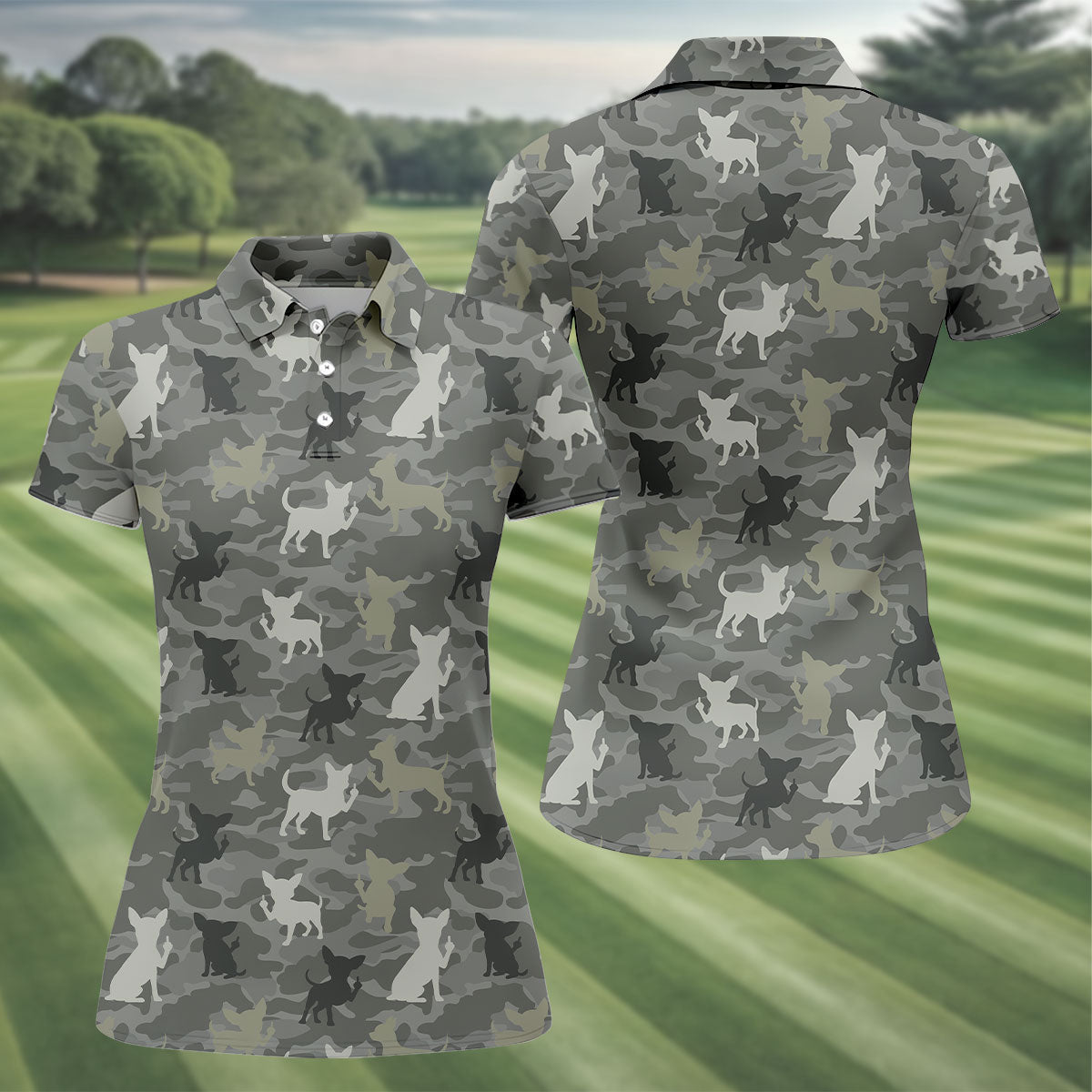 Grey Camo Chihuahua Dog Pattern Golf Polo Shirt, Women's Golf Shirt, Ladies Polo Shirt, Womens Golf Top