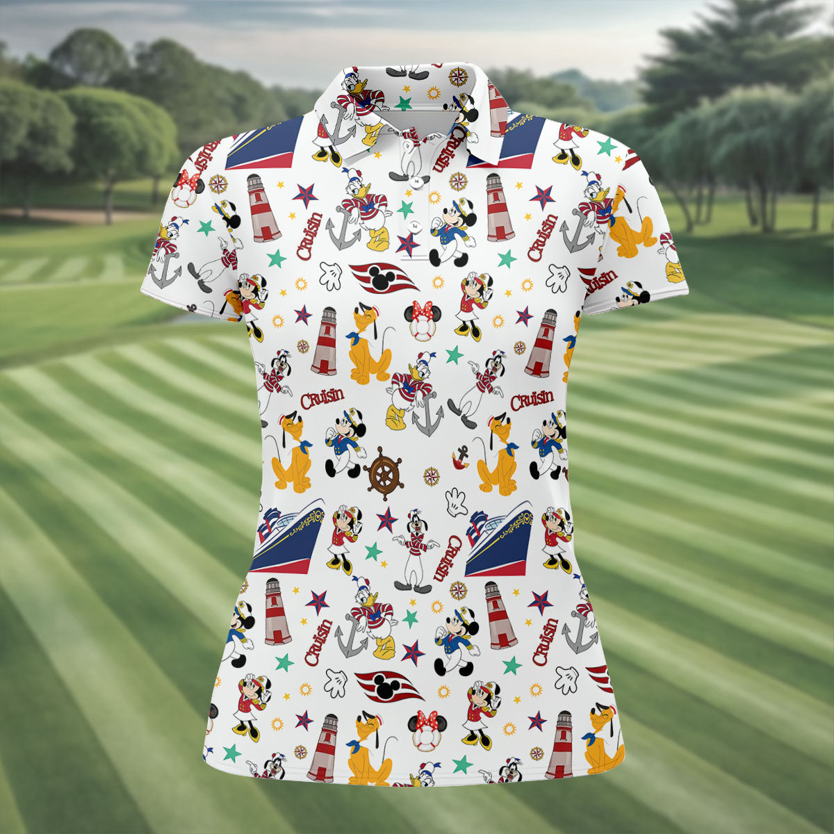 Cartoon Cruise Vacation Pattern Golf Polo Shirt, Golf Shirts For Women, Women’s Golf Polo