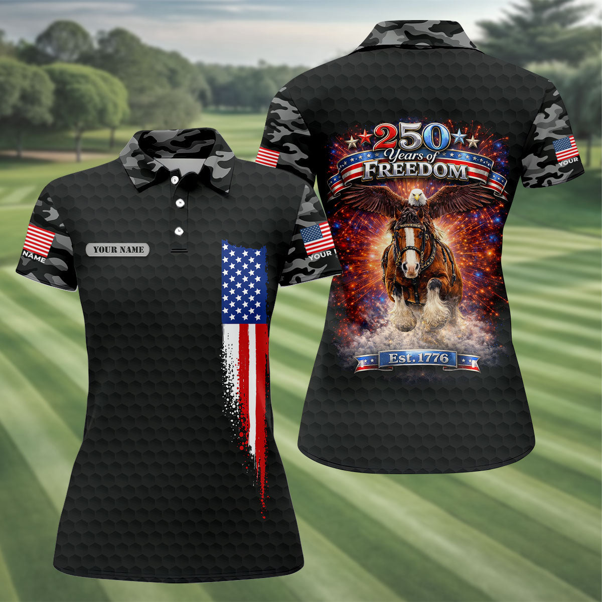 250 Years Of Freedom Black Camo Patriotic Golf Shirt, 4th Of July Golf Shirt For Women