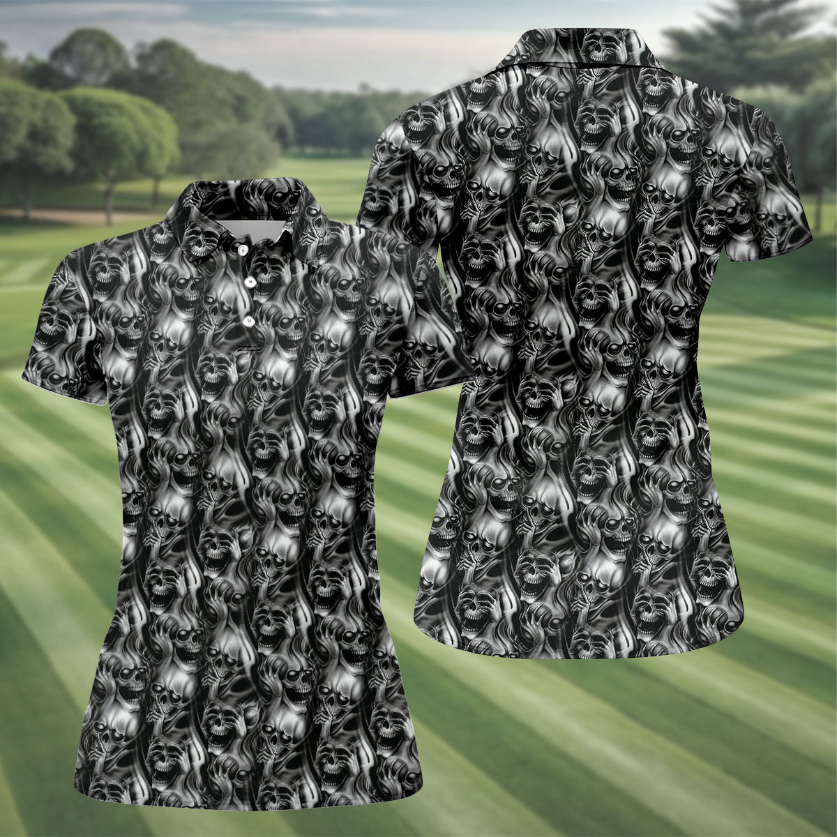 Dark Grim Reaper Skull Pattern Golf Polo Shirt, Women's Golf Polo, Ladies Golf Tops