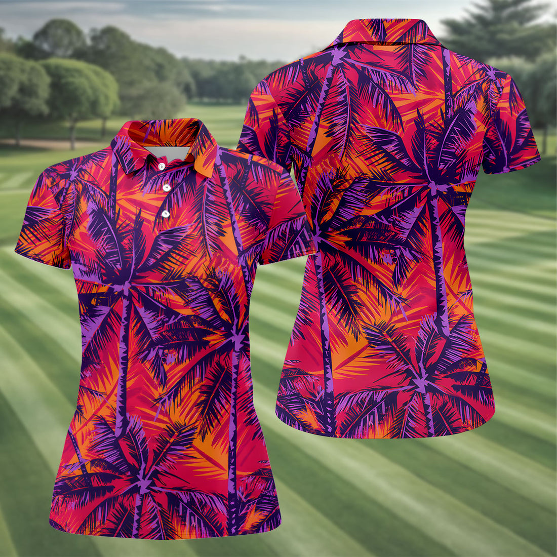 Purple Palm Tree Tropical Island Golf Shirt, Golf Polo For Women, Printed Golf Shirt