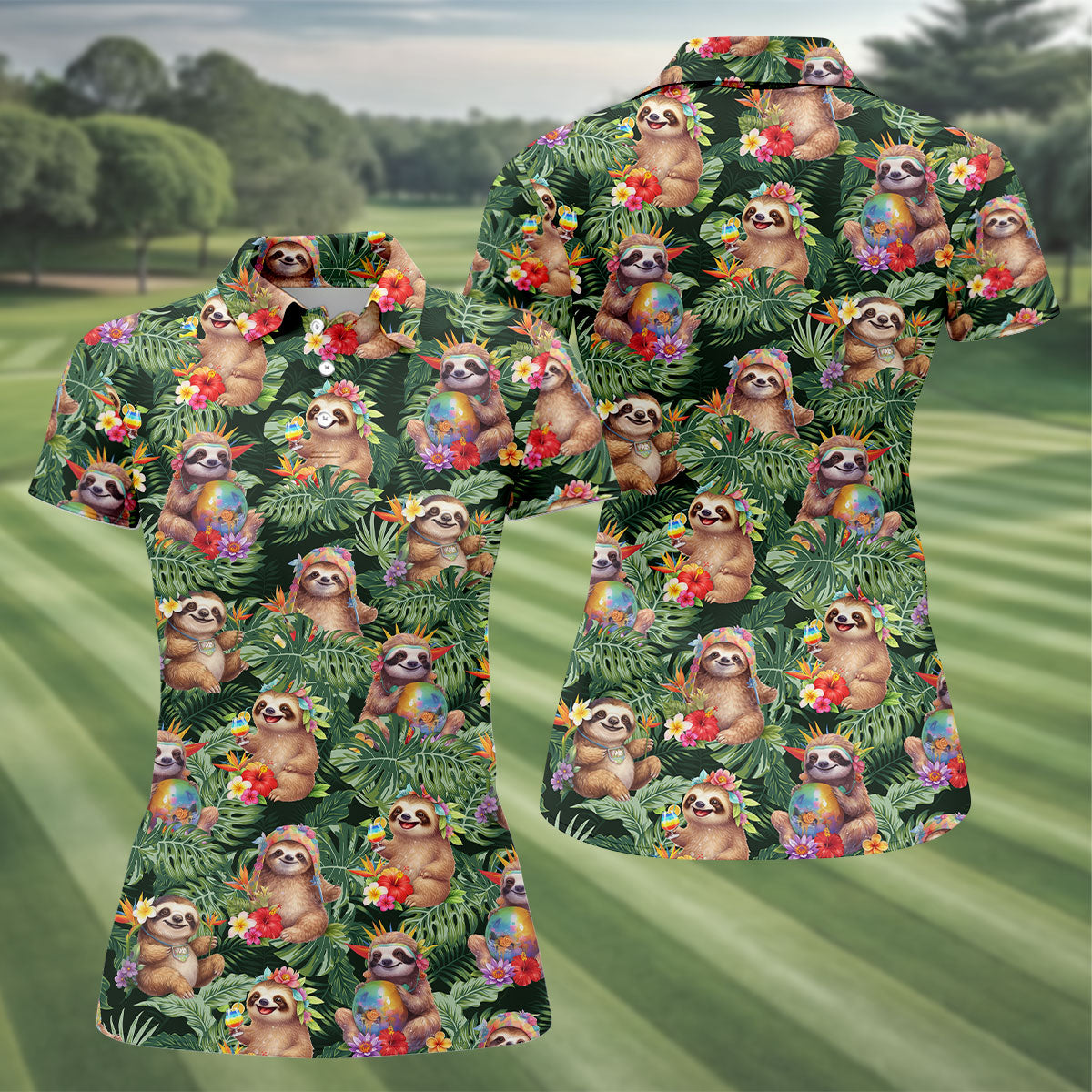 Funny Sloth Hawaiian Summer Ladies Golf Tops, Golf Shirt For Women, Ladies Golf Shirts