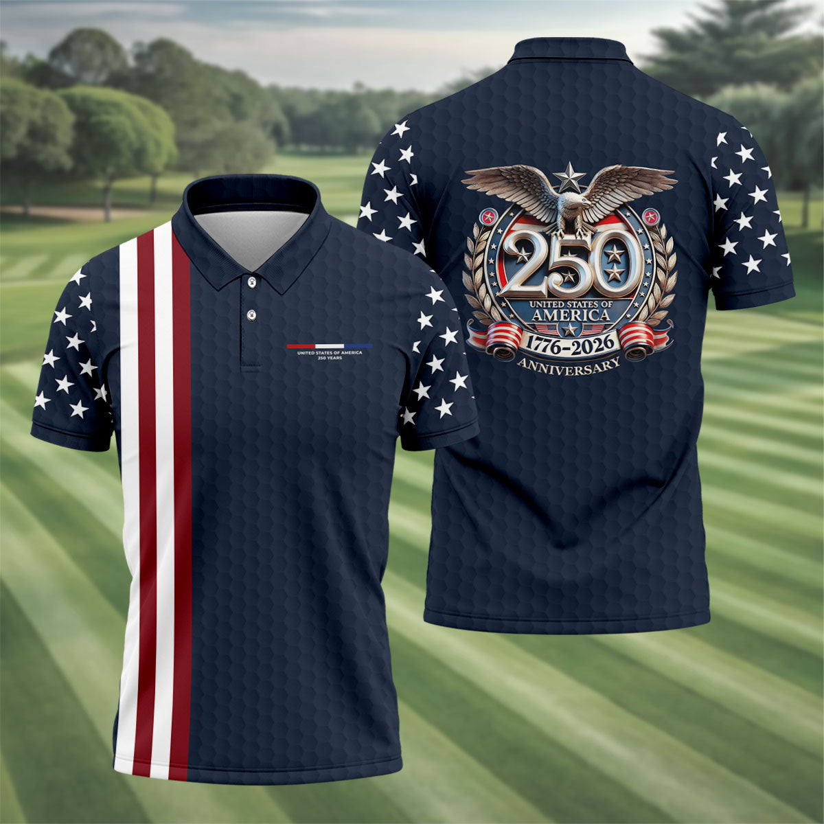 250 Years US Bald Eagle Golf Ball Pattern Golf Shirt, Patriotic 4th Of July Golf Shirts For Men