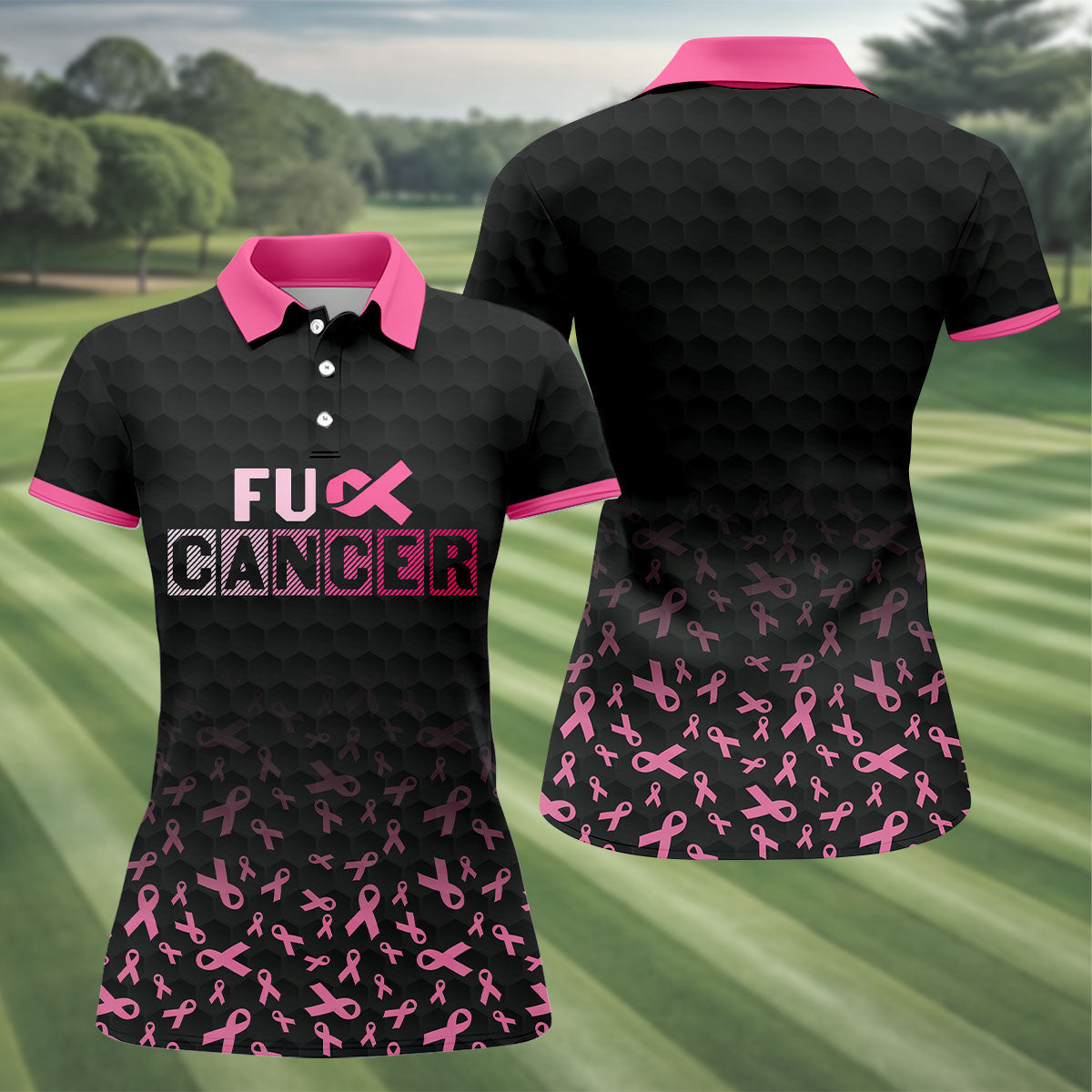 Fuck Cancer Black Pink Ribbon Breast Cancer Polo Shirt, Women's Golf Tops, Ladies Golf Top