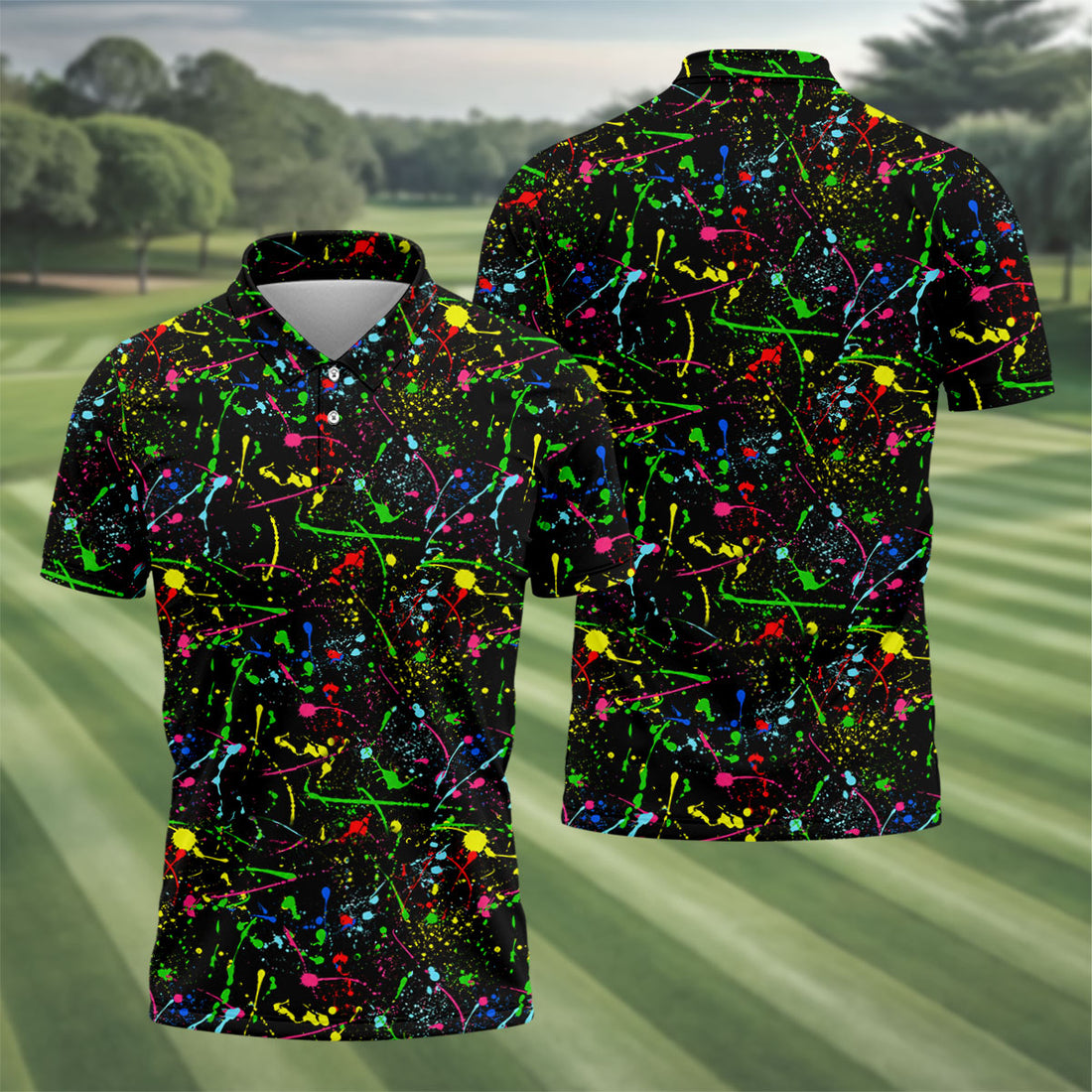 Black Neon Paint Splatter Golf Shirt, Men's Golf Shirt, Golf Apparel For Men