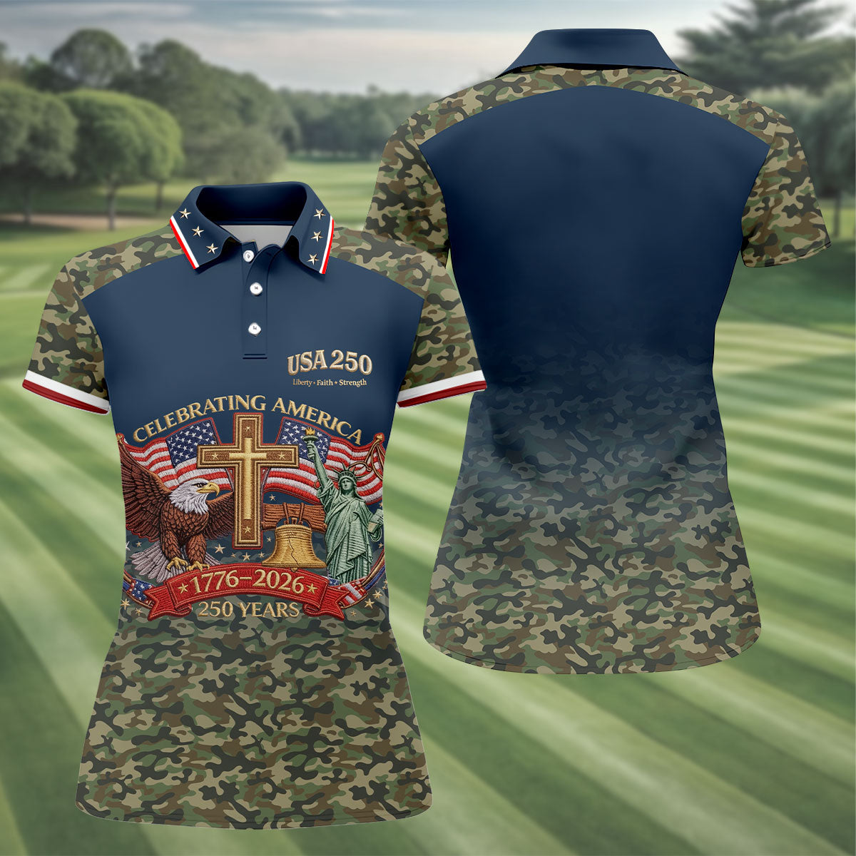 Liberty Faith Strength Faith Cross USA 250 Navy Camo Golf Shirt, 4th Of July Golf Shirt For Women