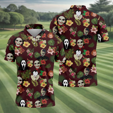 Floral Halloween Horror Character Hawaiian Golf Shirt, Men's Golf Shirt, Golf Polo Shirts For Men