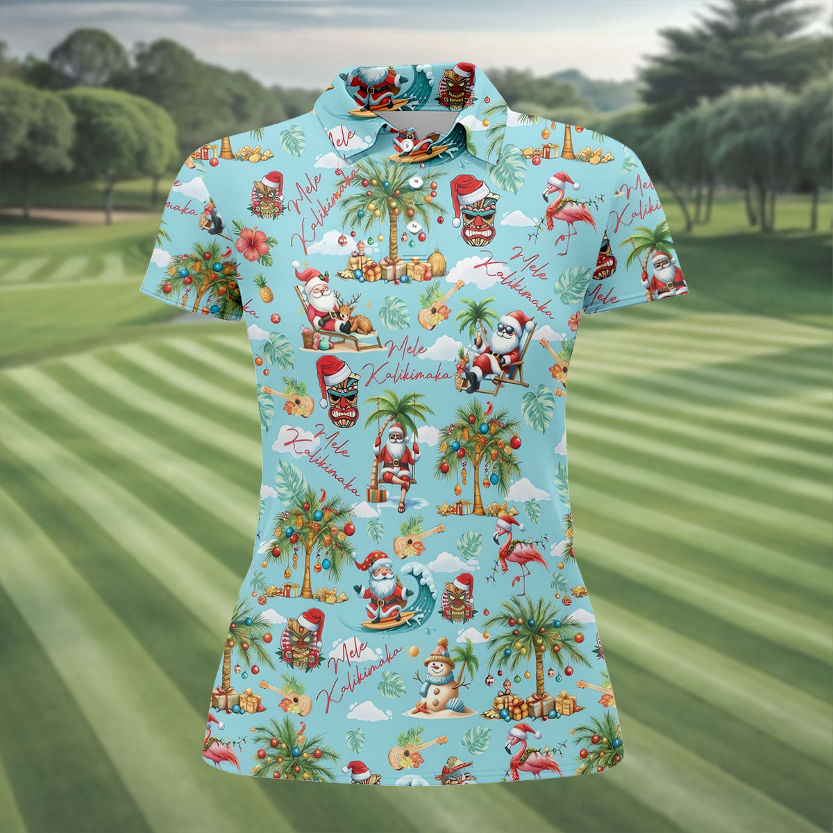 Women's Mele Kalikimaka Surfing Santa Golf Shirt, Christmas Golf Shirt, Women’s Golf Apparel
