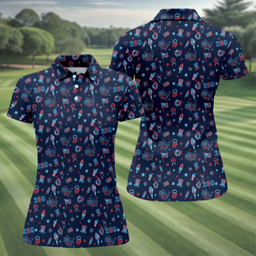250th Anniversary Doodle Style Neon Pattern Ladies Golf Tops, Patriotic 4th Of July Golf Shirt For Women