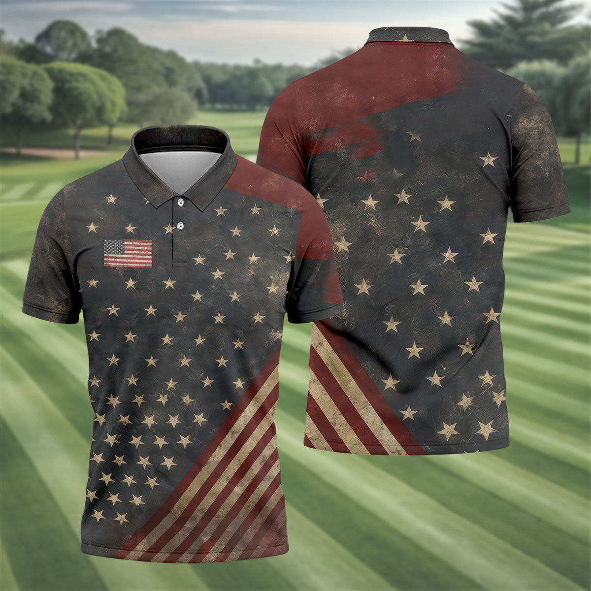 Men's 1776 Independence Day Stars Stripes Polo Golf Shirt, Patriotic 4th Of July Golf Shirts For Men