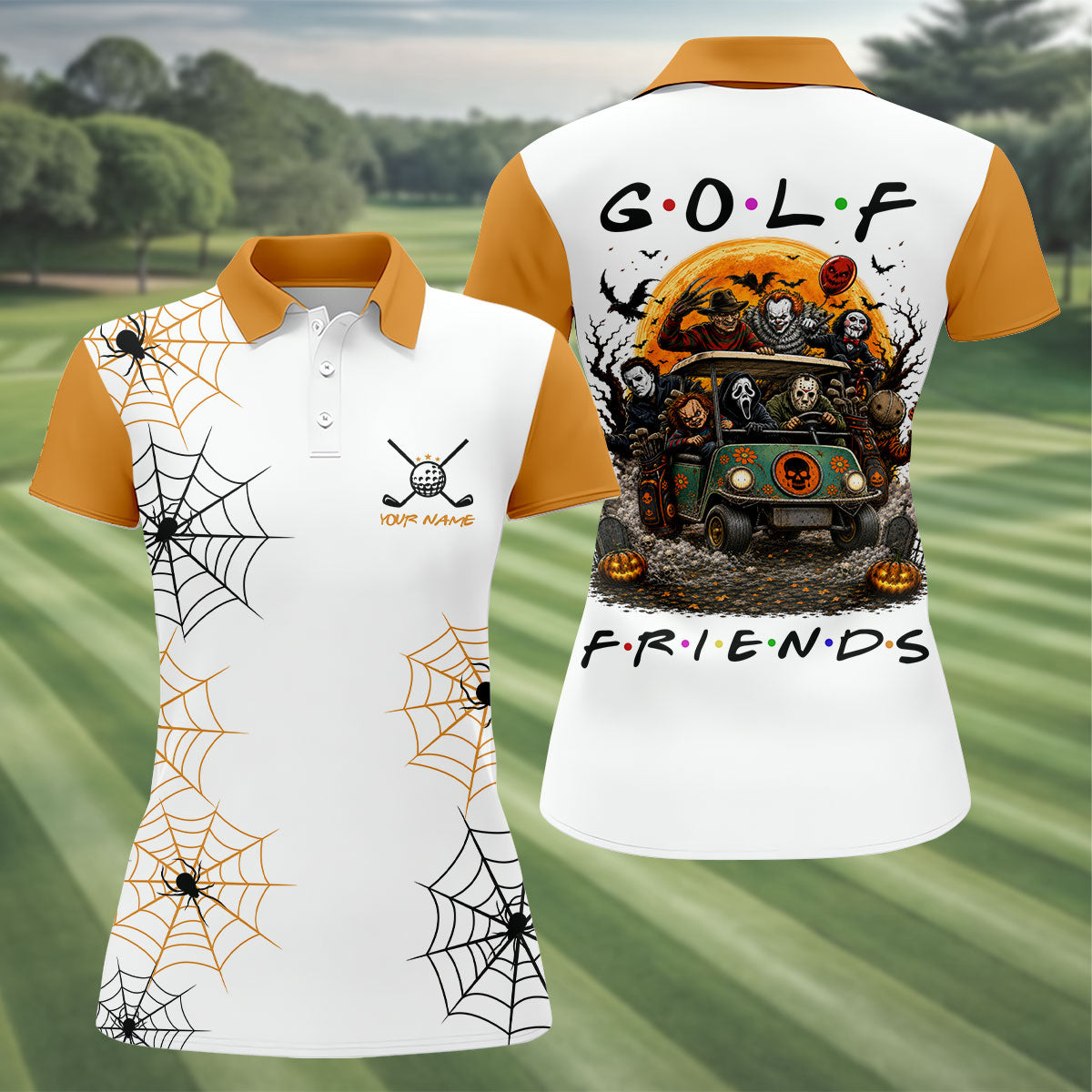 Custom Name Halloween Horror Character Golf Shirt, Golf Shirts For Women, Printed Golf Shirt