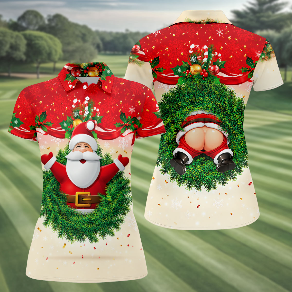 Festive Christmas Santa Wreath Golf Polo Shirt, Women’s Golf Polo, Golf Tops For Women