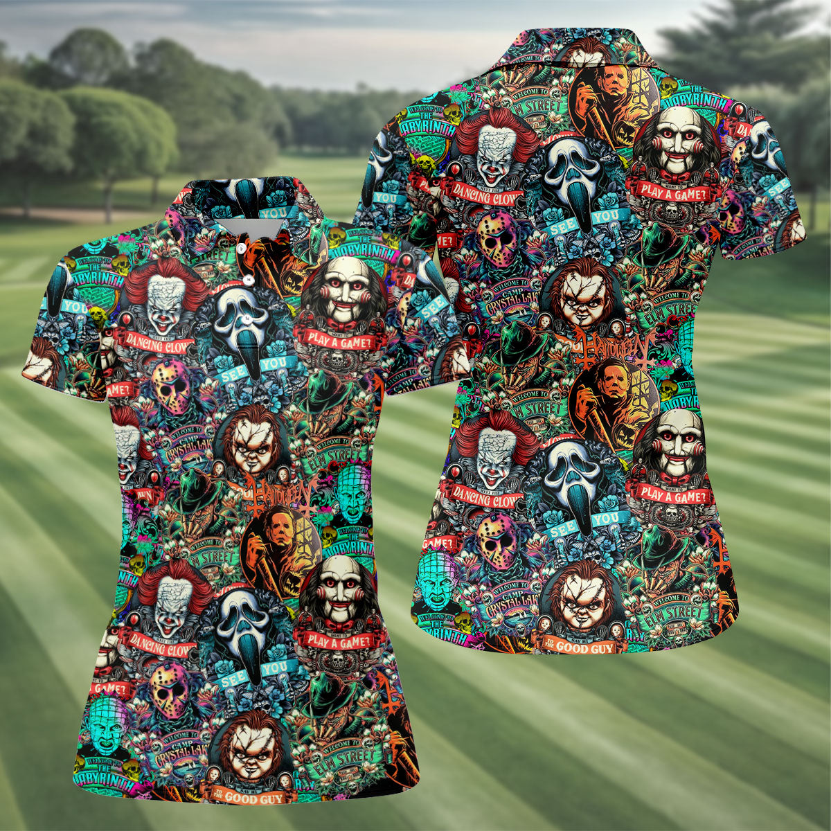 Play A Game Horror Character Golf Polo Shirt, Women's Halloween Shirt, Women's Golf Polo