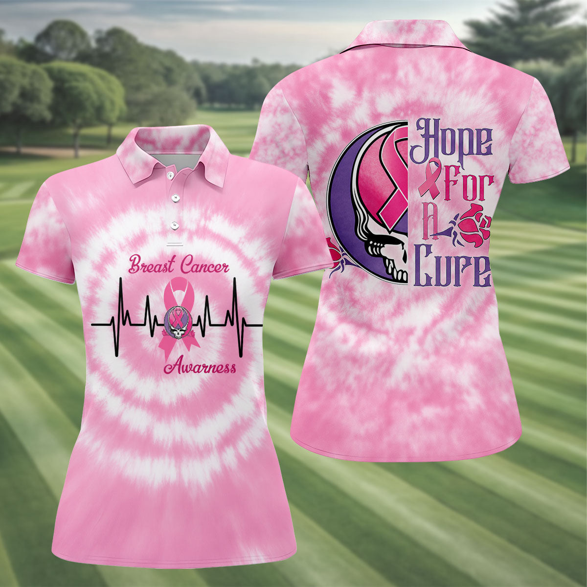 Hope For A Cure Tie Dye Skull Breast Cancer Polo Shirt, Golf Tops For Women, Women’s Golf Apparel