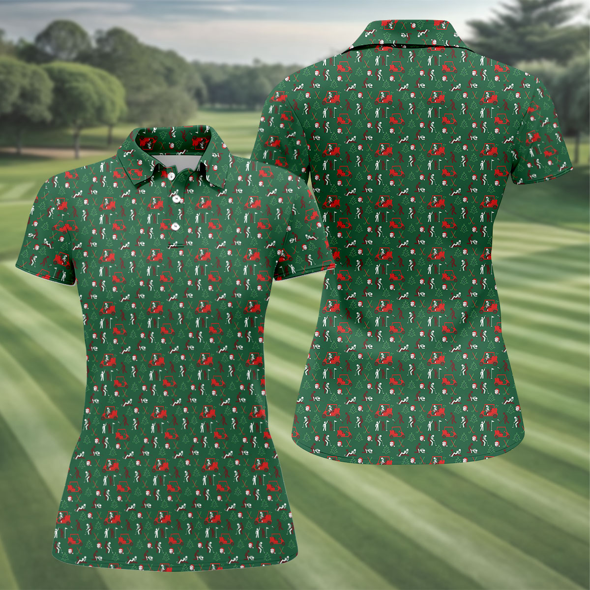 Christmas Golf Cart and Golfer Polo Shirt, Women’s Golf Polo, Golf Tops For Women