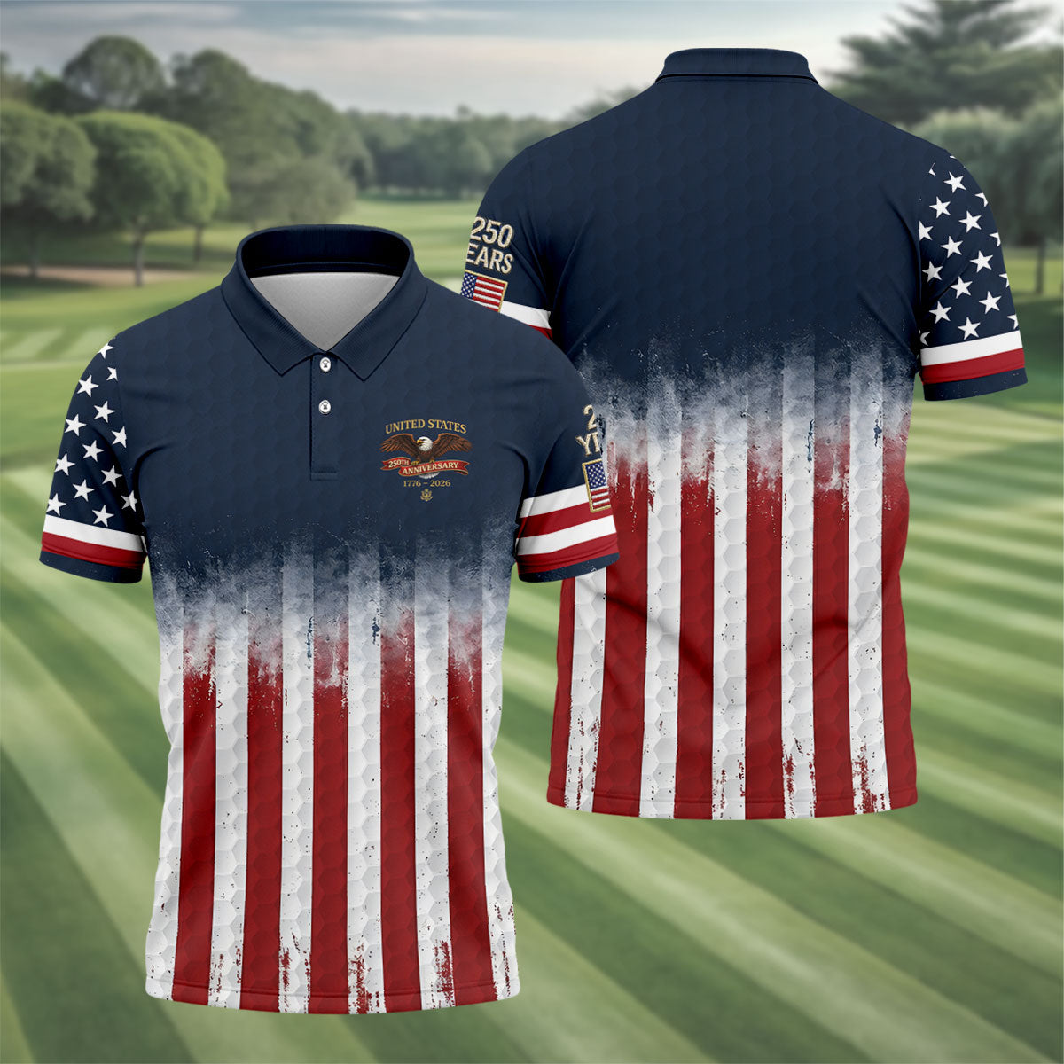 United States 250th Anniversary Distressed Flag Golf Tops For Men, Golf Ball Pattern Golf Shirts For Men