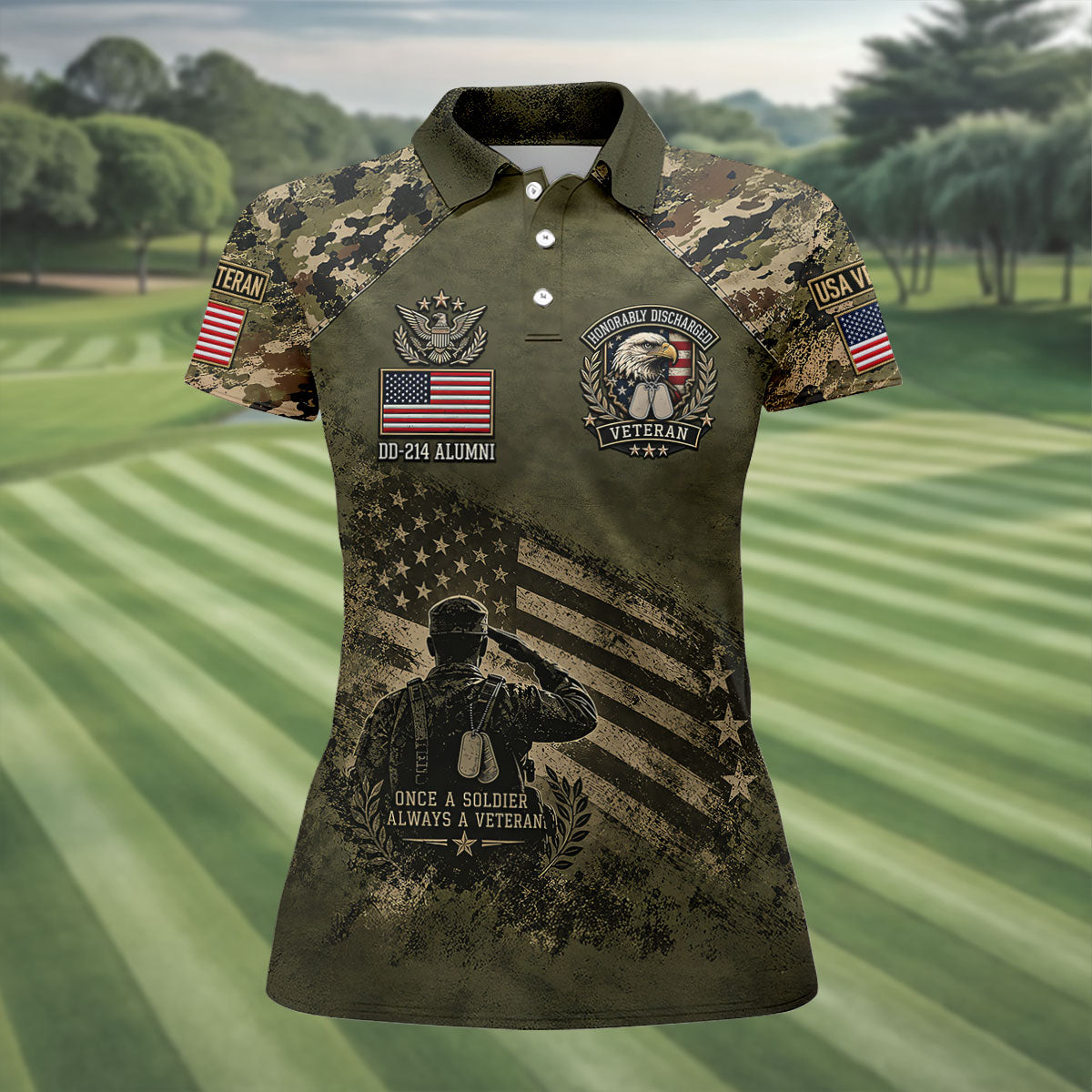 DD-214 Honorably Discharged Camo Polo Shirt, Womens Golf Polo, Veterans Day Shirt