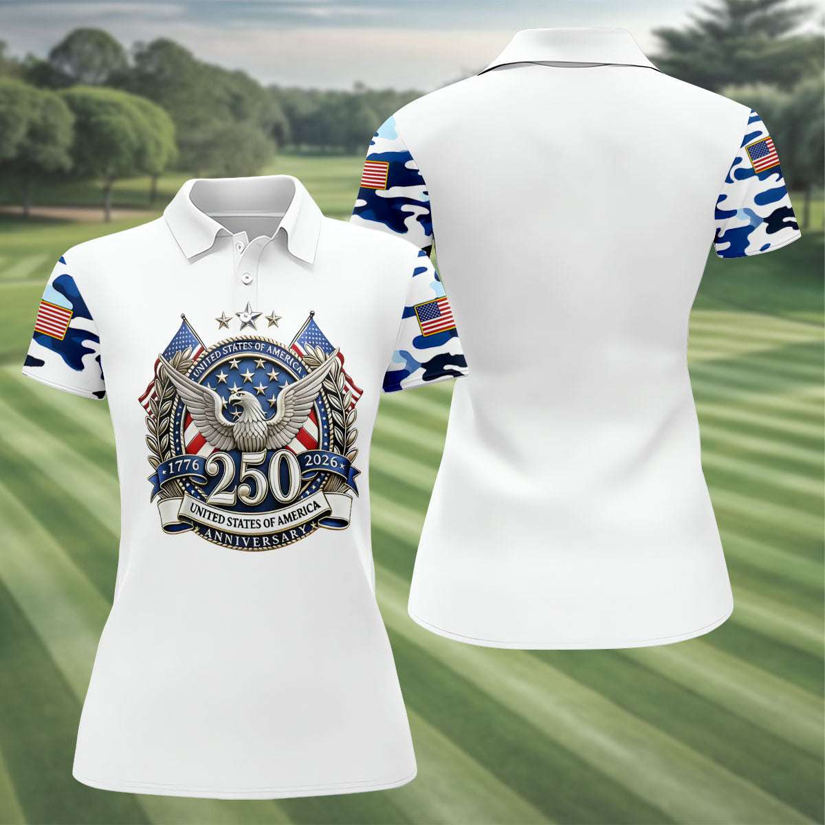 Patriotic Bald Eagle Blue And White Camo White Golf Shirt, 250th Anniversary Women's Golf Shirts