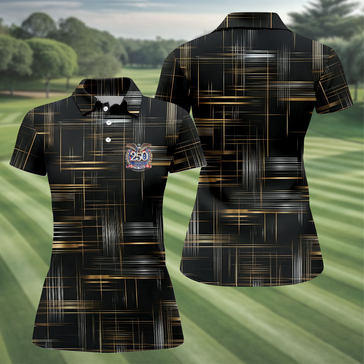Gold And Silver Grid Pattern Patriotic 4th Of July Golf Shirt, 250 Years Golf Shirt For Women
