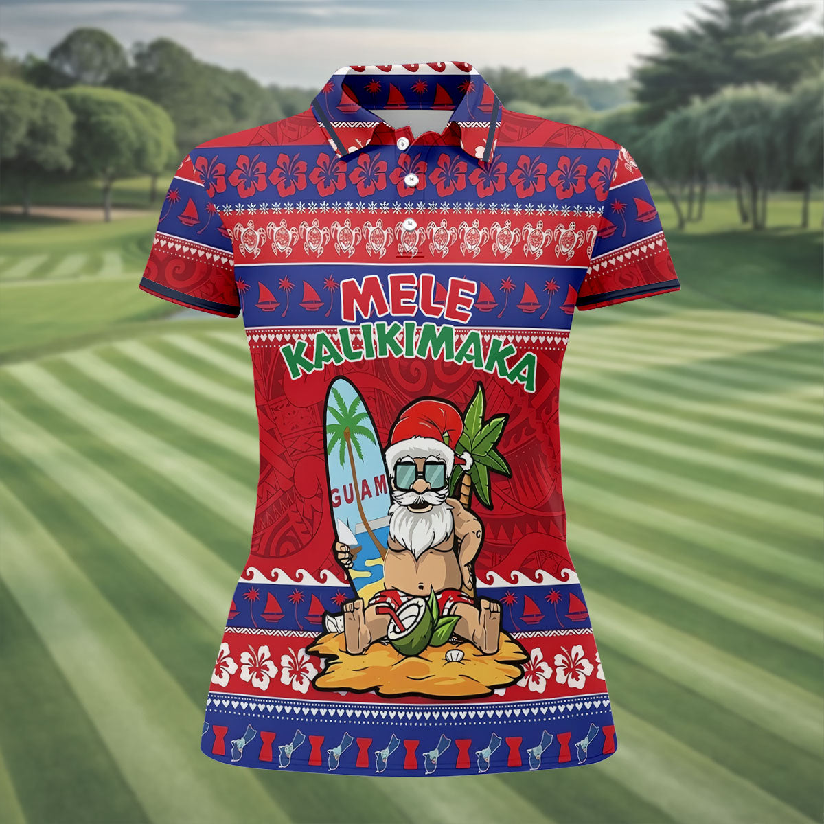 Guam Santa Mele Kalikimaka Christmas Golf Shirt, Women's Golf Tops, Hawaiian Golf Shirt, Golf Shirts For Women