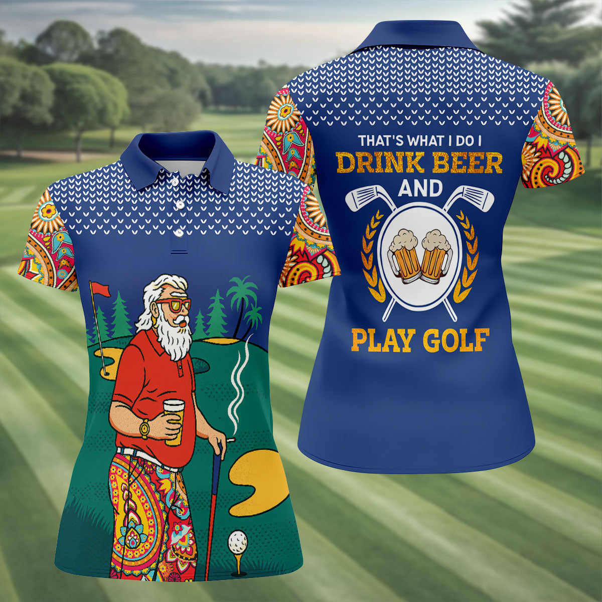 Funny Bearded Golfer With Paisley Pants Golf Polo Shirt, Ladies Golf Shirts, Women’s Golf Apparel